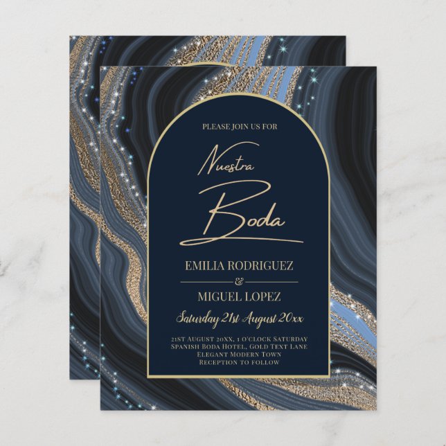 Starry Night Navy Gold Agate NUESTRA BODA Invite (Front/Back)