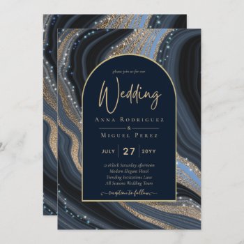 Starry Night Navy Gold Agate Wedding Invitation