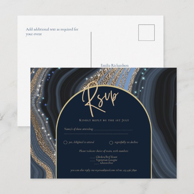 Starry Night Navy Gold Agate Wedding RSVP Postcard (Front/Back)