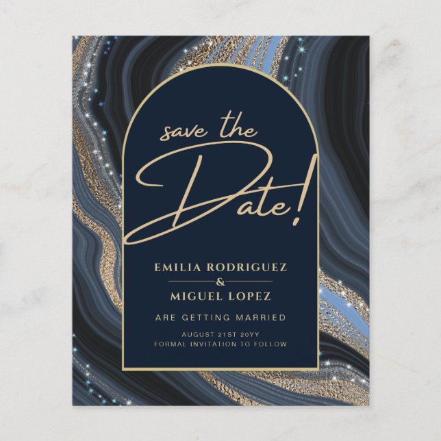 Starry Night Navy Gold Agate Wedding SAVE DATE Flyer (Front)