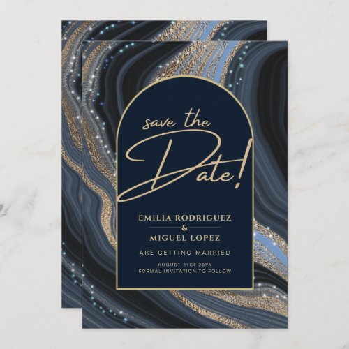 Starry Night Navy Gold Agate Wedding SAVE DATE Invitation