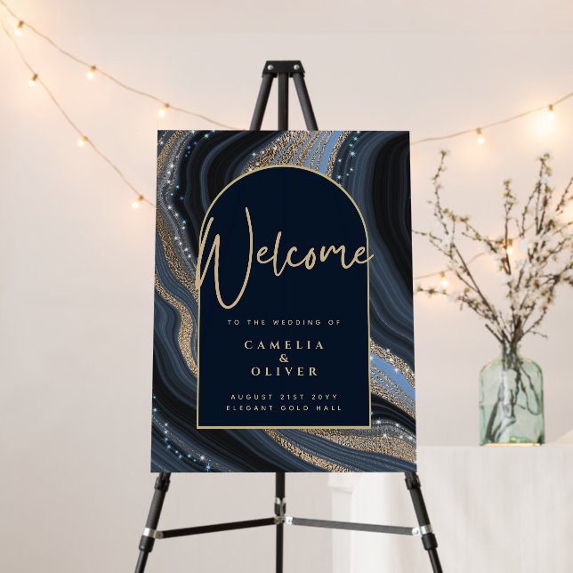 Starry Night Navy Gold Agate Wedding WELCOME SIGN (In Situ (Stand))