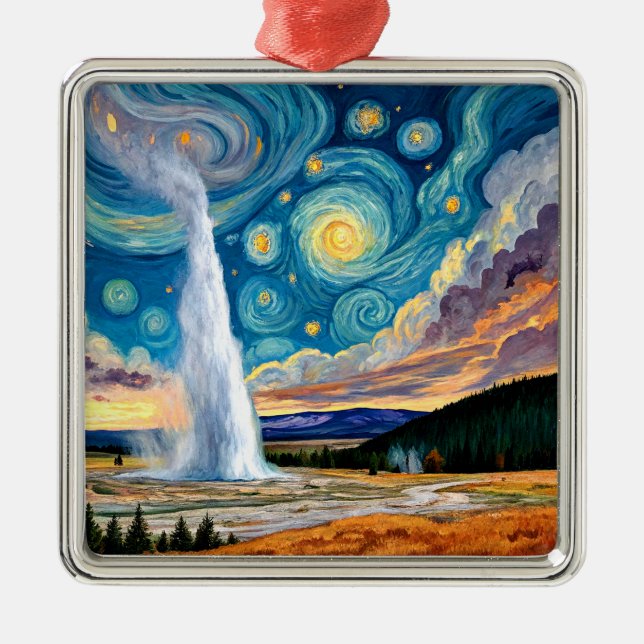 Starry Night Old Faithful Yellowstone Park Metal Ornament (Front)