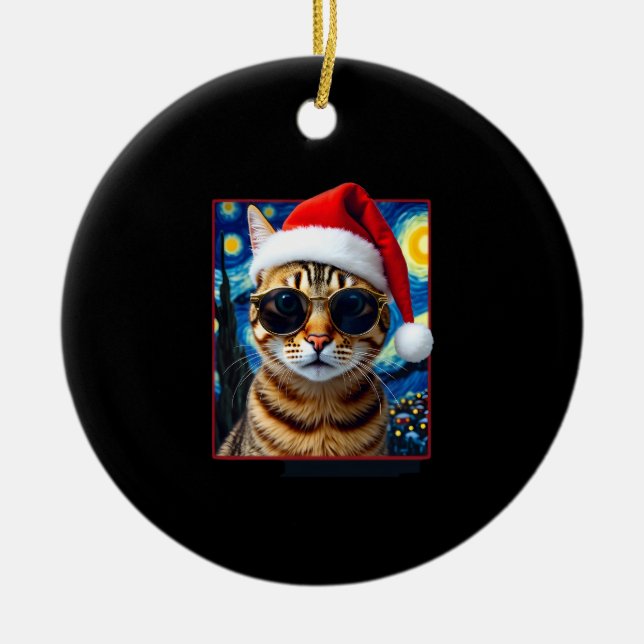 Starry Night Orange Tabby Cat Christmas Ceramic Ornament (Front)