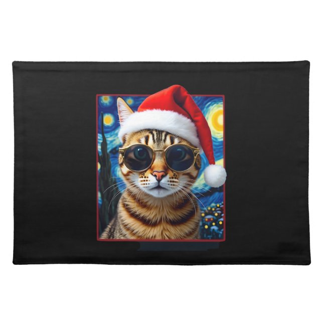 Starry Night Orange Tabby Cat Christmas Cloth Placemat (Front)