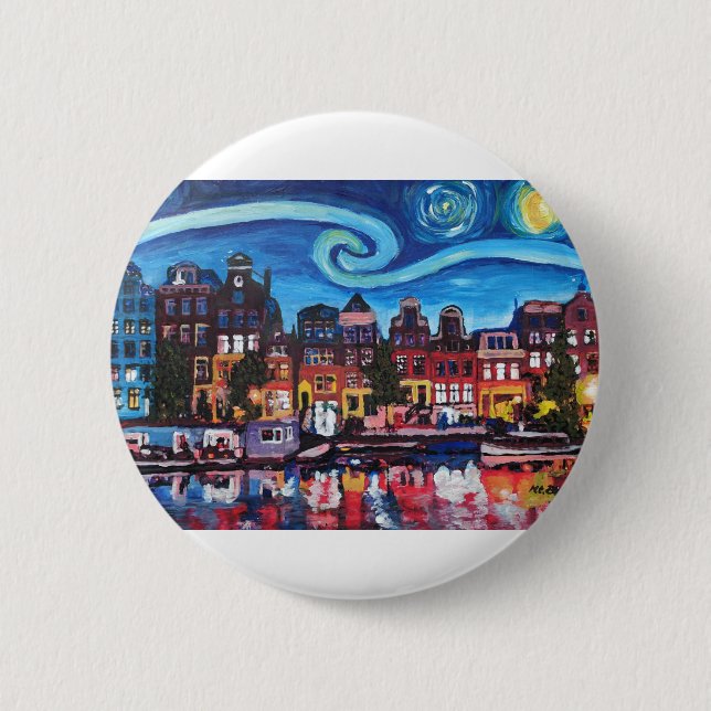 Starry Night over Amsterdam Canal Button (Front)