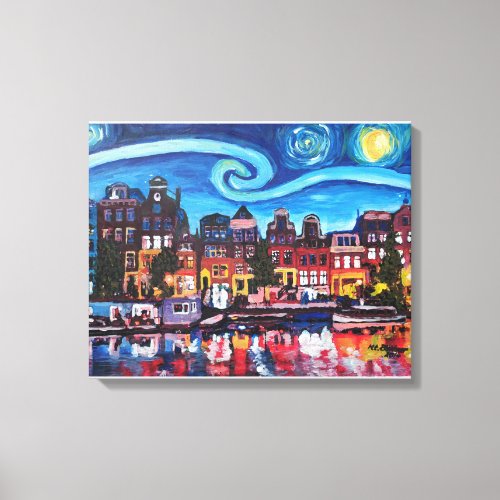 Starry Night over Amsterdam Canal Canvas Print
