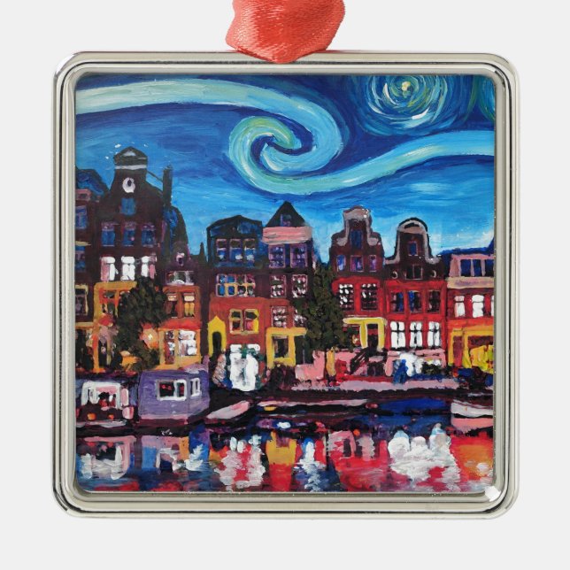 Starry Night over Amsterdam Canal Metal Ornament (Front)