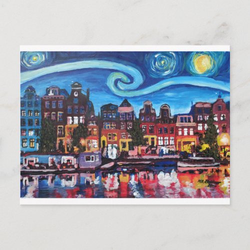 Starry Night over Amsterdam Canal Postcard