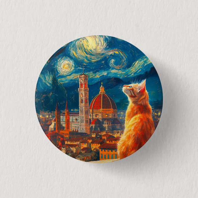 Starry Night Over Florence | Ginger Cat Art Button (Front)