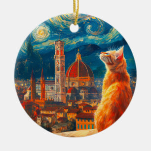 Starry Night Over Florence Ginger Cat Art Ceramic Ornament