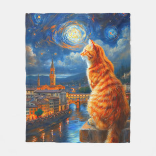 Starry Night Over Florence Ginger Cat Art Fleece Blanket