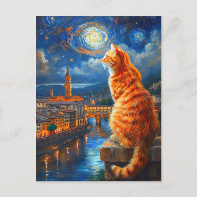 Starry Night Over Florence | Ginger Cat Art Holiday Postcard (Front)