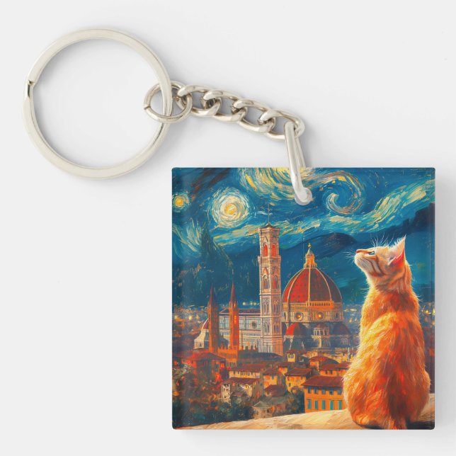 Starry Night Over Florence | Ginger Cat Art Keychain (Front)