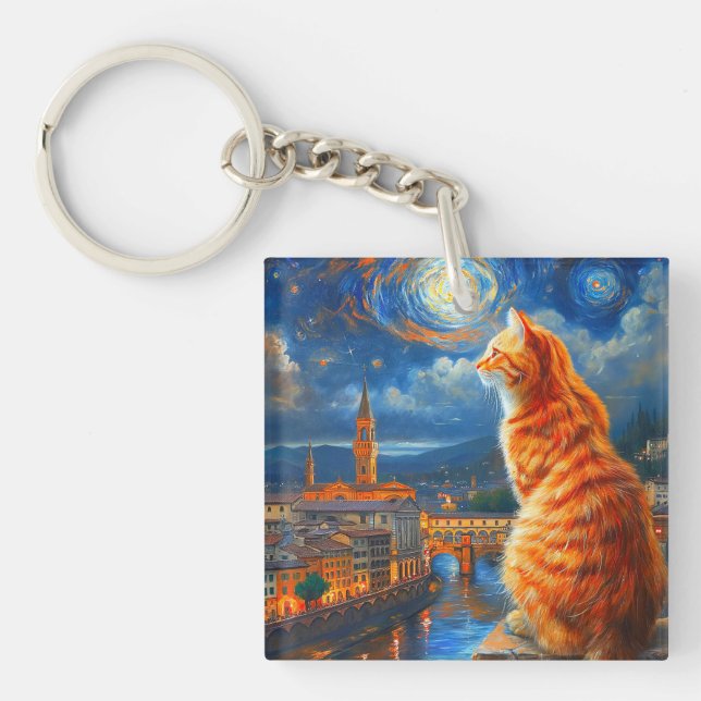 Starry Night Over Florence | Ginger Cat Art Keychain (Front)