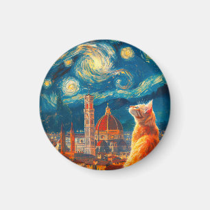 Starry Night Over Florence Ginger Cat Art Magnet