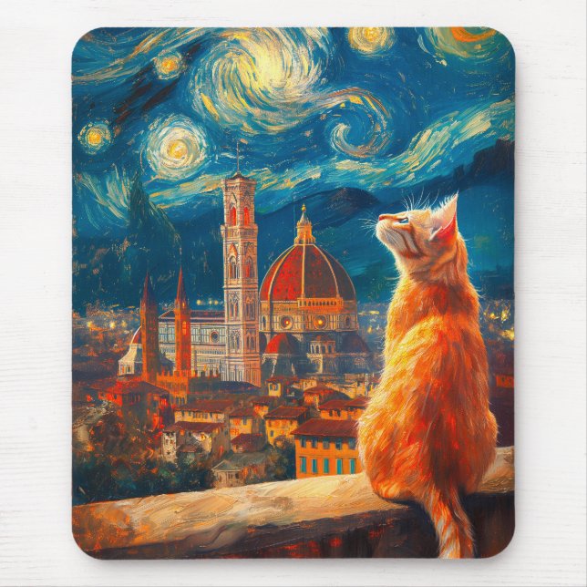 Starry Night Over Florence | Ginger Cat Art Mouse Pad (Front)