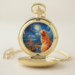 Starry Night Over Florence Ginger Cat Art Pocket Watch