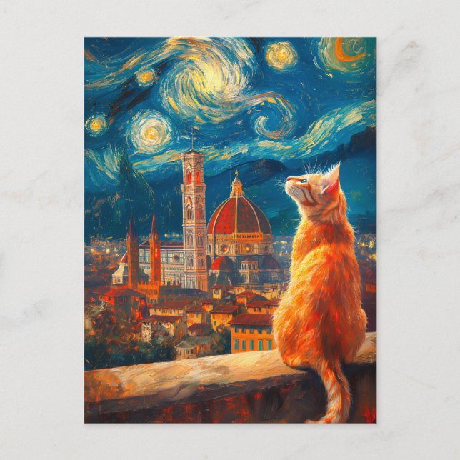 Starry Night Over Florence | Ginger Cat Art Postcard (Front)