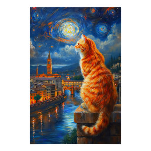 Starry Night Over Florence   Ginger Cat Art Poster