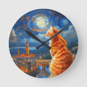 Starry Night Over Florence Ginger Cat Art Round Clock