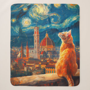Starry Night Over Florence Ginger Cat Art Sherpa Blanket