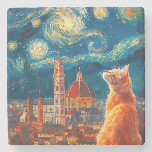 Starry Night Over Florence | Ginger Cat Art Stone Coaster (Front)
