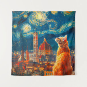 Starry Night Over Florence Ginger Cat Art Tapestry