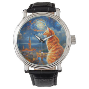 Starry Night Over Florence Ginger Cat Art Watch