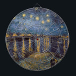 Starry Night Over Rhone River by Vincent Van Gogh Dart Board<br><div class="desc">Dreamlike story inspired by Vincent Van Gogh's Night Over the Rhône: The air hummed with the low thrum of the river, a lullaby that lulled the senses. Two figures, their faces obscured by the soft glow of the gas lamps, strolled along the riverbank. They moved with a gentle sway, as...</div>