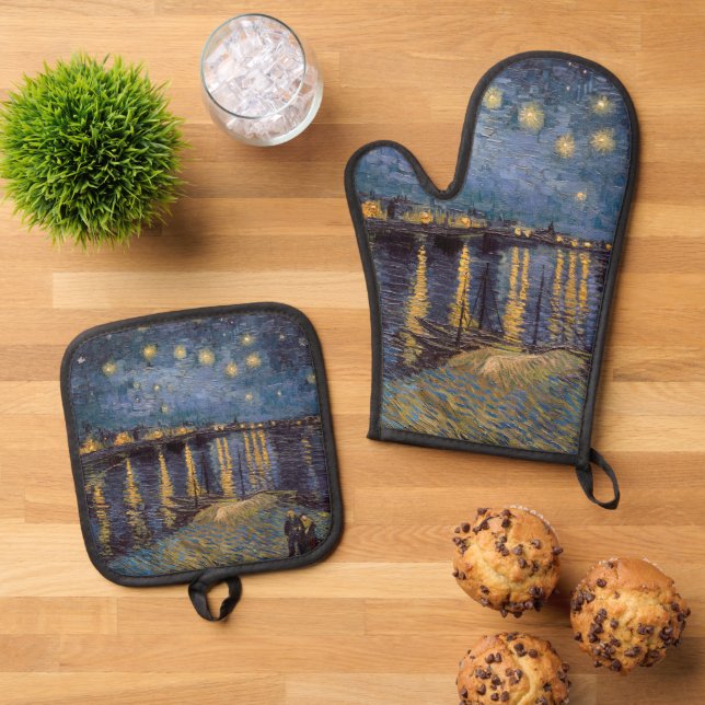 Starry Night Over Rhone River by Vincent Van Gogh Oven Mitt & Pot Holder Set (Top Down)
