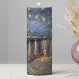 Starry Night Over Rhone River by Vincent Van Gogh Pillar Candle
