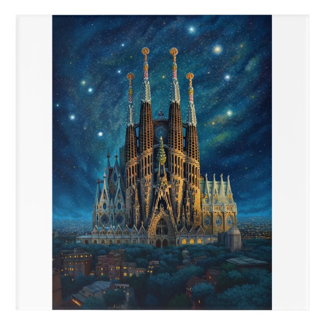 Starry Night Over Sagrada Familia Barcelona Acrylic Print (Front)