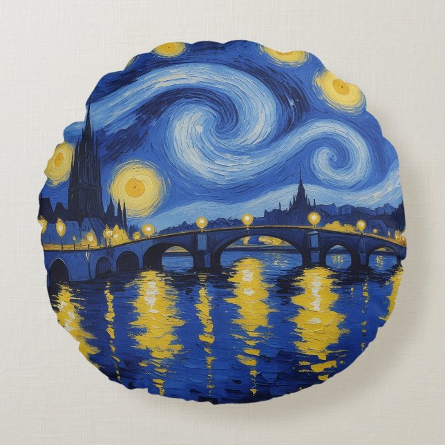 Starry night over the river round pillow (Front)