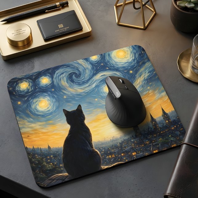 Starry Night Overlook Black Cat & Twinkling Town  Mouse Pad (Creator Uploaded)