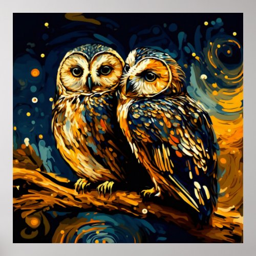 Starry Night Owls Cuddle on a Branch _ Poster