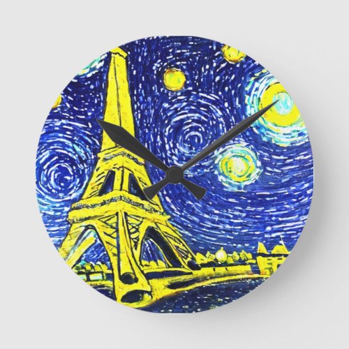 Starry Night Paris France Round Clock