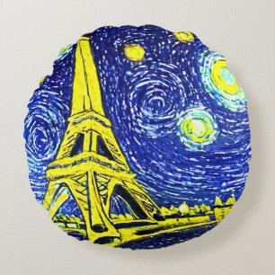 Starry Night Paris France Round Pillow
