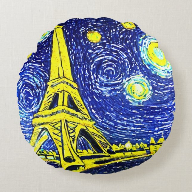 Starry Night Paris France Round Pillow (Front)