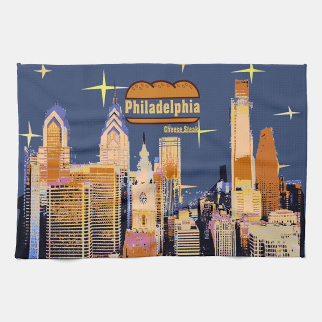 Starry Night Philadelphia, Cheese Steak Kitchen Towel (Horizontal)