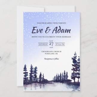 Starry Night Pine Lake Watercolor Winter Wedding Invitation