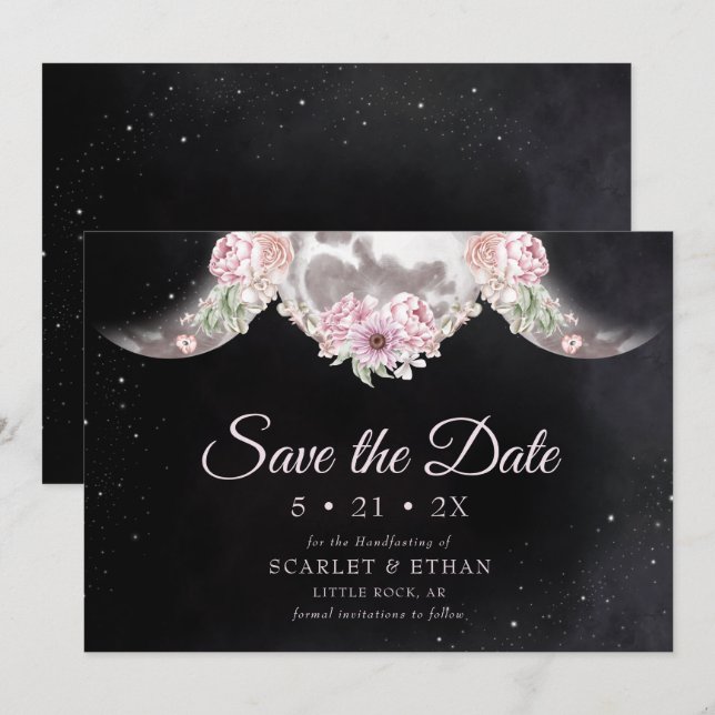 Starry Night Pink & Black Triple Moon Handfasting Save The Date (Front/Back)