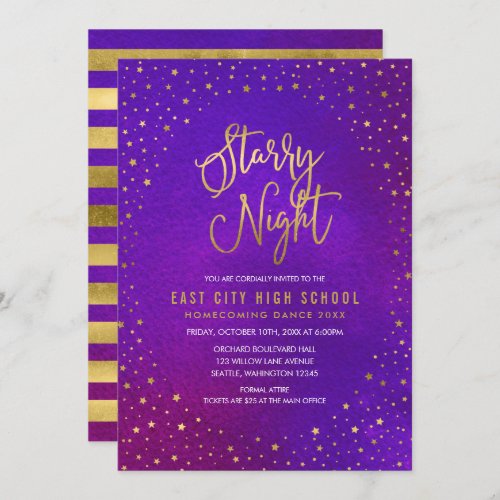 Starry Night Purp Watercolor Faux Gold Scool Dance Invitation