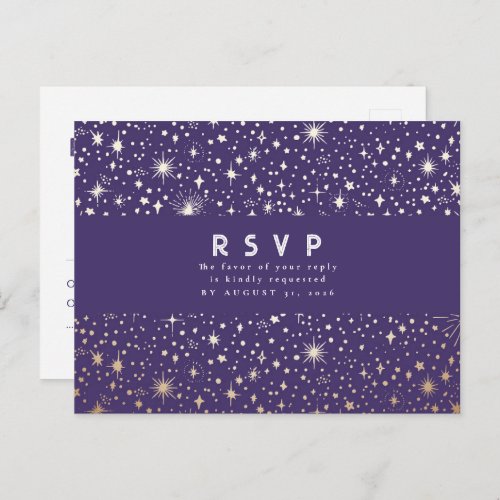 Starry Night Purple and Gold Wedding RSVP Postcard