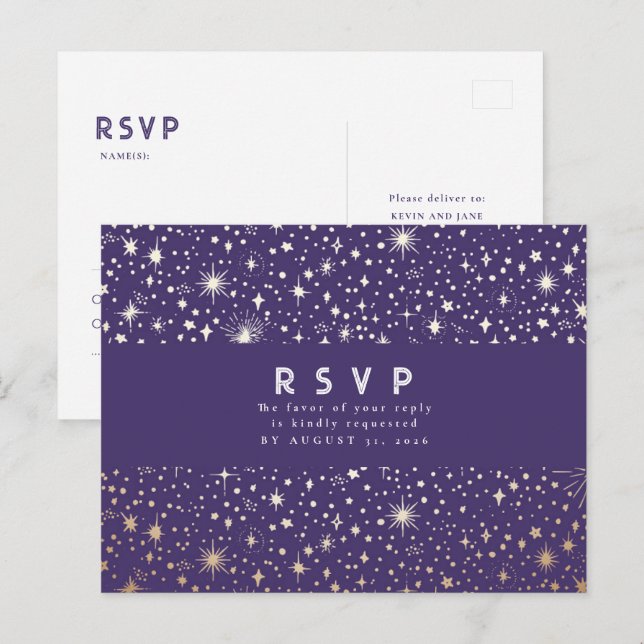 Starry Night Purple and Gold Wedding RSVP Postcard (Front/Back)
