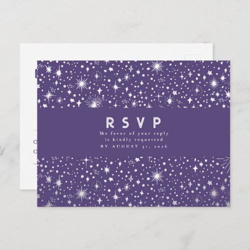 Starry Night Purple and Silver Wedding RSVP Postcard