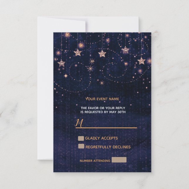 Starry Night Purple Gold Whimsical Stars RSVP (Front)