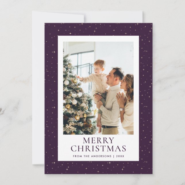 Starry Night Purple Photo Merry Christmas Holiday Card (Front)