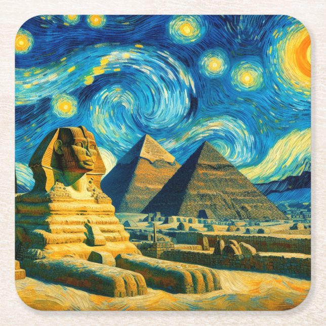 Starry Night Pyramids Sphinx Egypt Square Paper Coaster (Front)