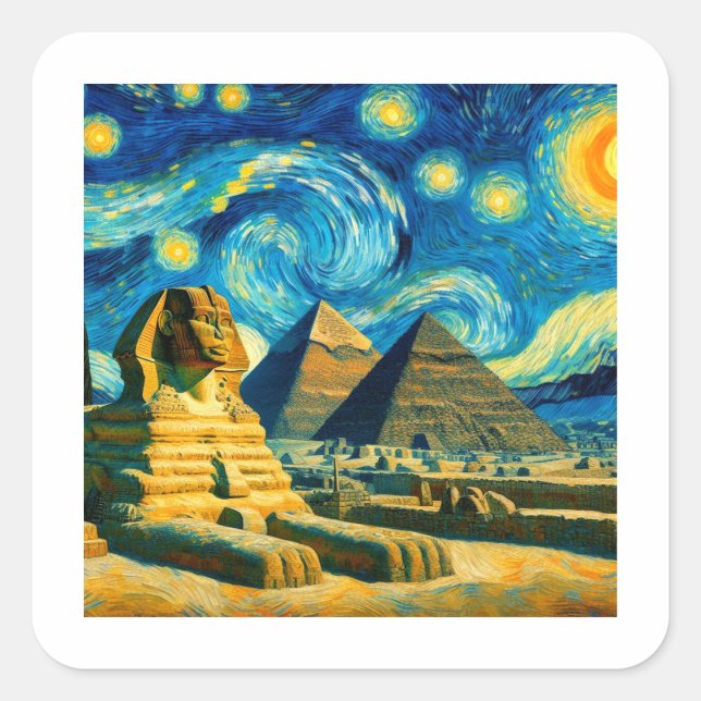 Starry Night Pyramids Sphinx Egypt Square Sticker (Front)